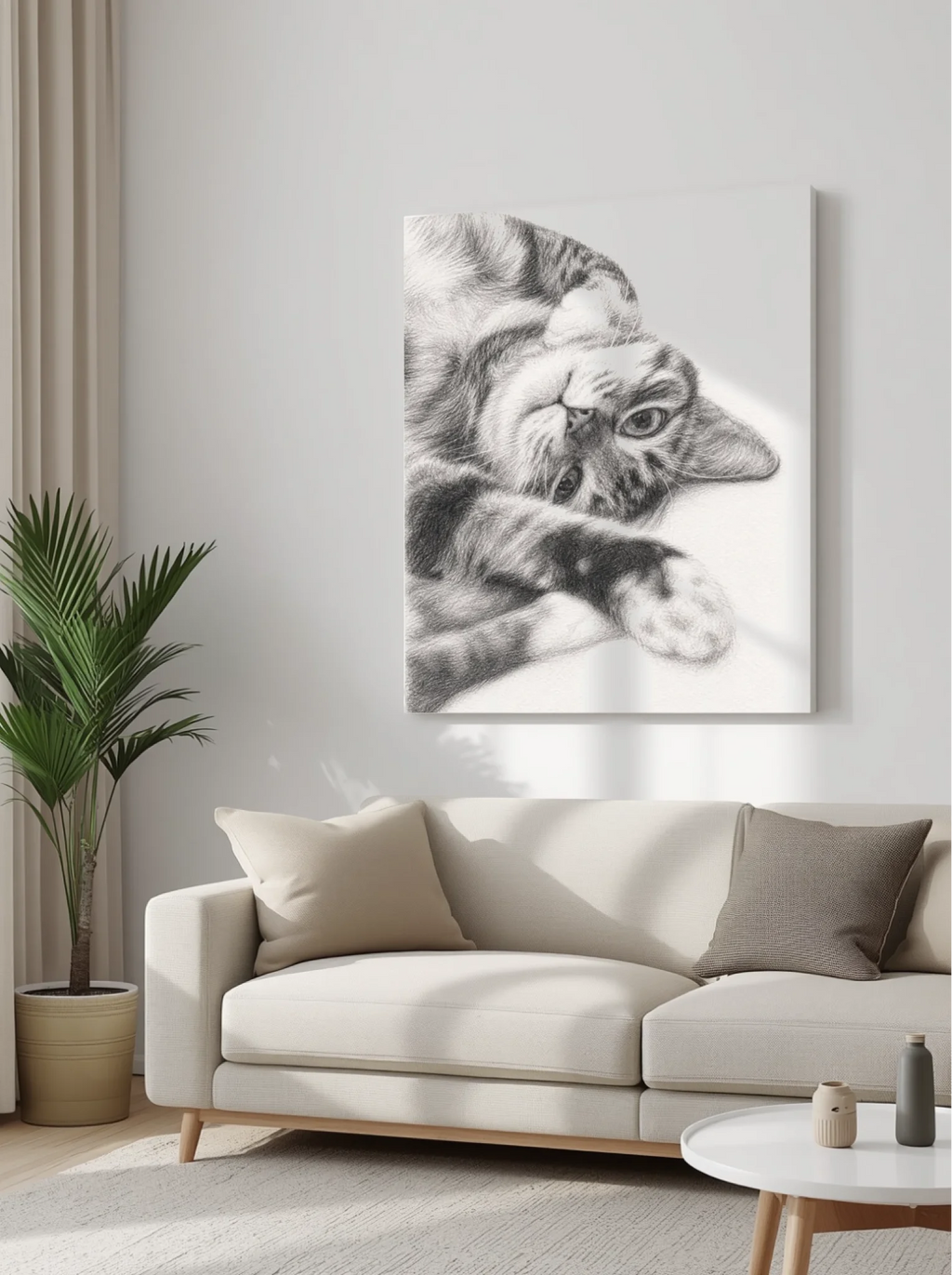 Blank canvas print mockup in a cozy living room, canvas 12_16 portrait composition, blank stretched canvas, neutral beige living room setting, soft natural light, realistic product mockup, clean minimal interior
