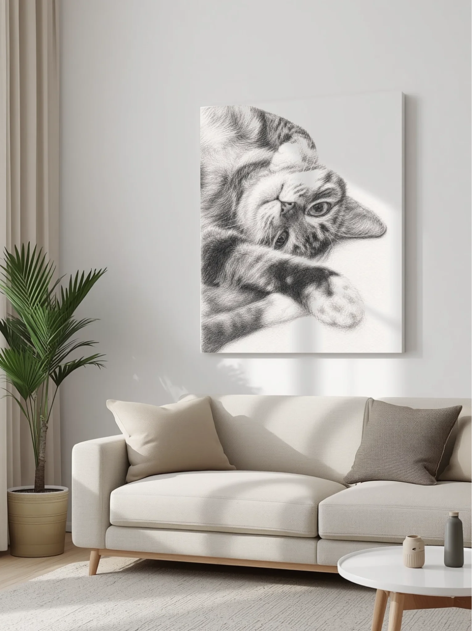 Blank canvas print mockup in a cozy living room, canvas 12_16 portrait composition, blank stretched canvas, neutral beige living room setting, soft natural light, realistic product mockup, clean minimal interior