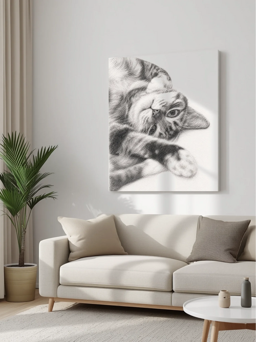 Blank canvas print mockup in a cozy living room, canvas 12_16 portrait composition, blank stretched canvas, neutral beige living room setting, soft natural light, realistic product mockup, clean minimal interior